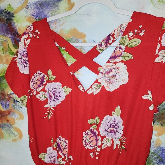 As U Wish Womens Romper Playsuit Red Floral Lined V Neck Elastic - Picture 5 of 5